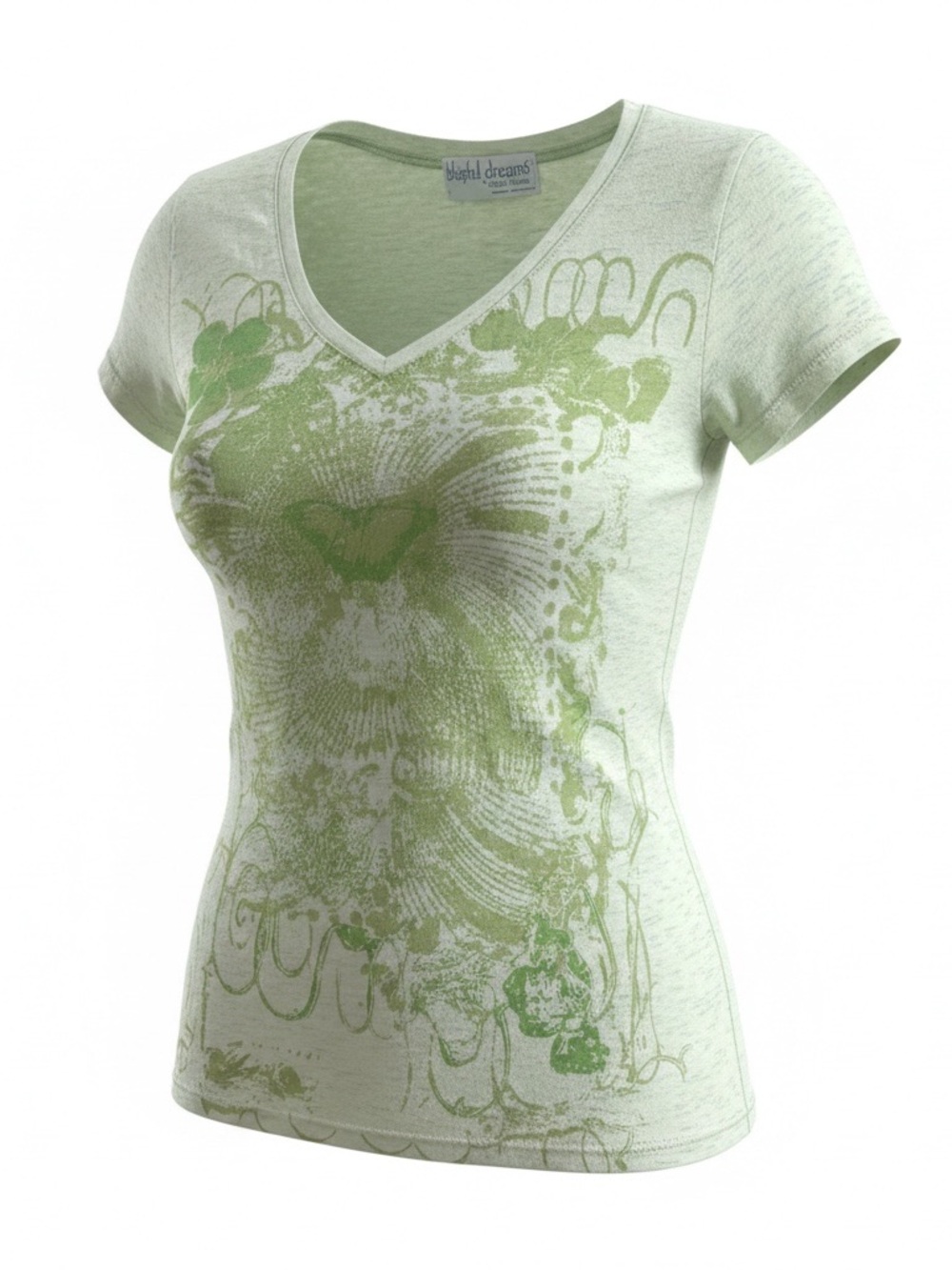 Light Green V-Neck Graphic Tee by No Brand Listed